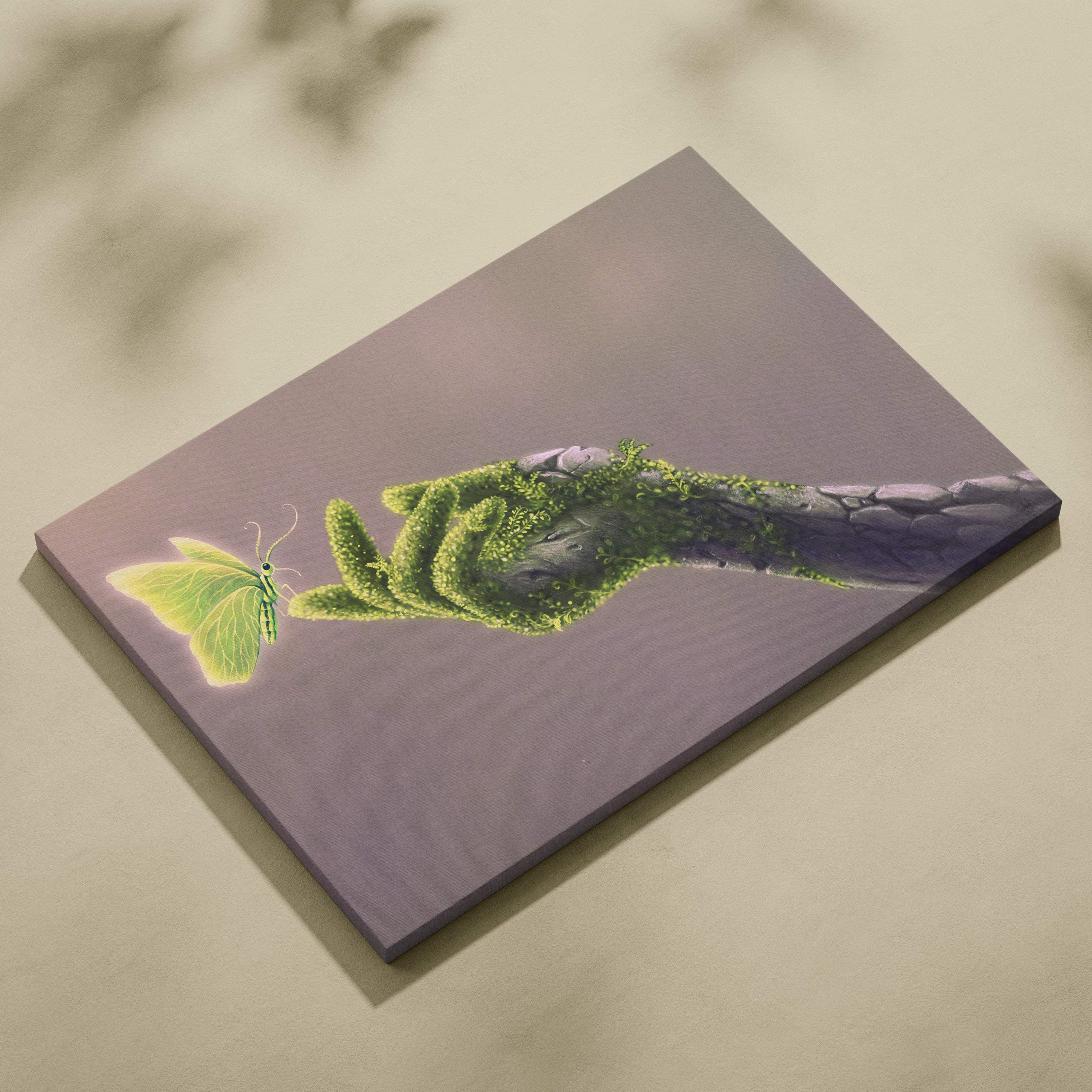 Contemporary rectangular canvas wall art featuring a green moss-covered hand reaching a glowing lime-green butterfly