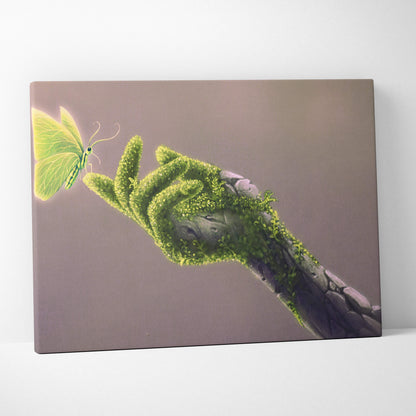 Contemporary green butterfly canvas wall art with a hand covered in vibrant moss reaching toward a glowing lime-green butterfly