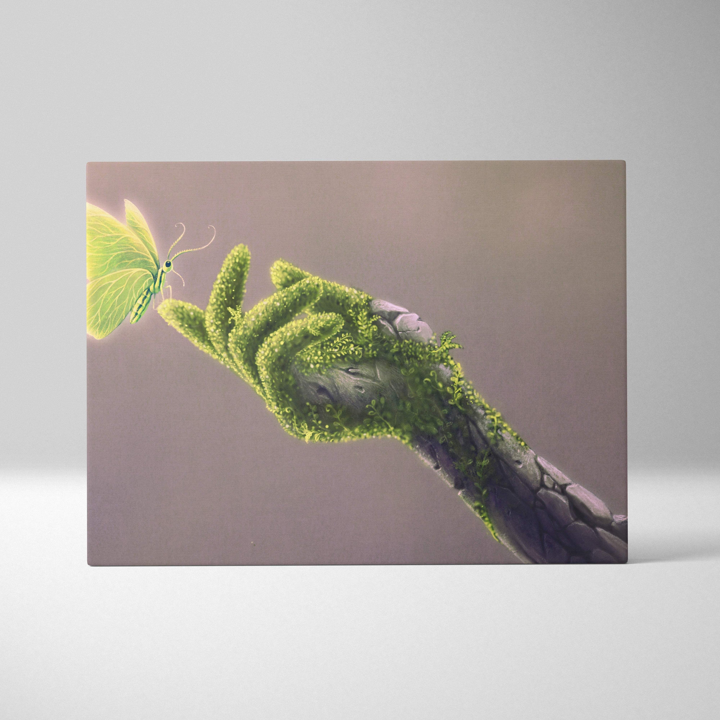 Contemporary canvas wall art featuring a hand covered in green moss reaching toward a glowing yellow butterfly
