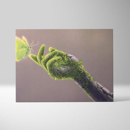 Contemporary canvas wall art featuring a hand covered in green moss reaching toward a glowing yellow butterfly