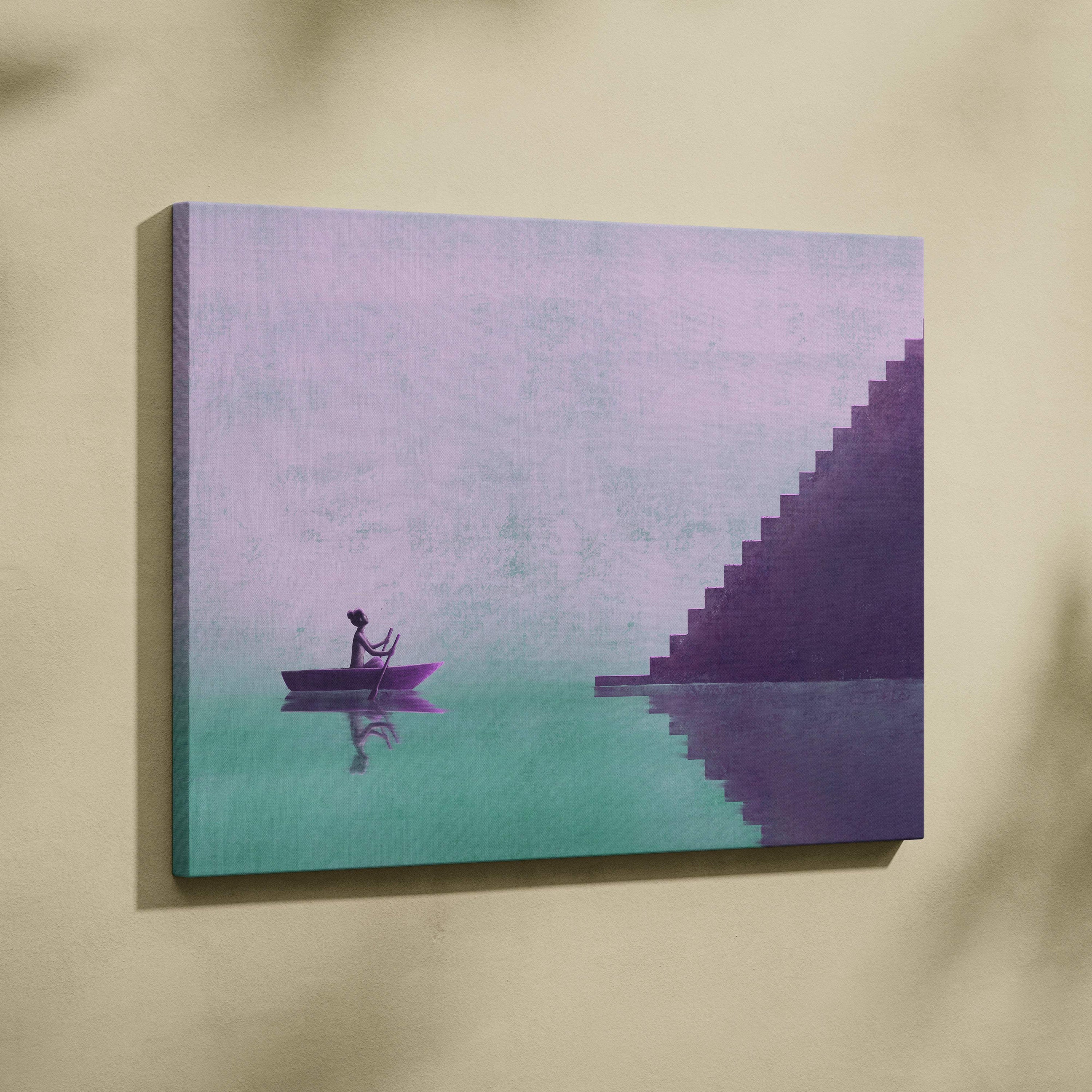 Contemporary purple boat canvas wall art featuring a teal abstract minimalist water landscape with a moody staircase reflection