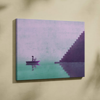 Contemporary purple boat canvas wall art featuring a teal abstract minimalist water landscape with a moody staircase reflection