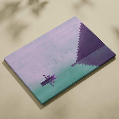 Contemporary purple boat canvas wall art with teal gradient and minimalist figure on a surreal stepped horizon