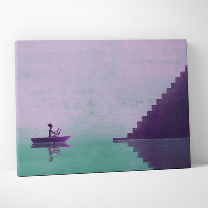 Rectangular canvas print featuring a surreal purple stairway and lone boat on teal water with a lavender sky background