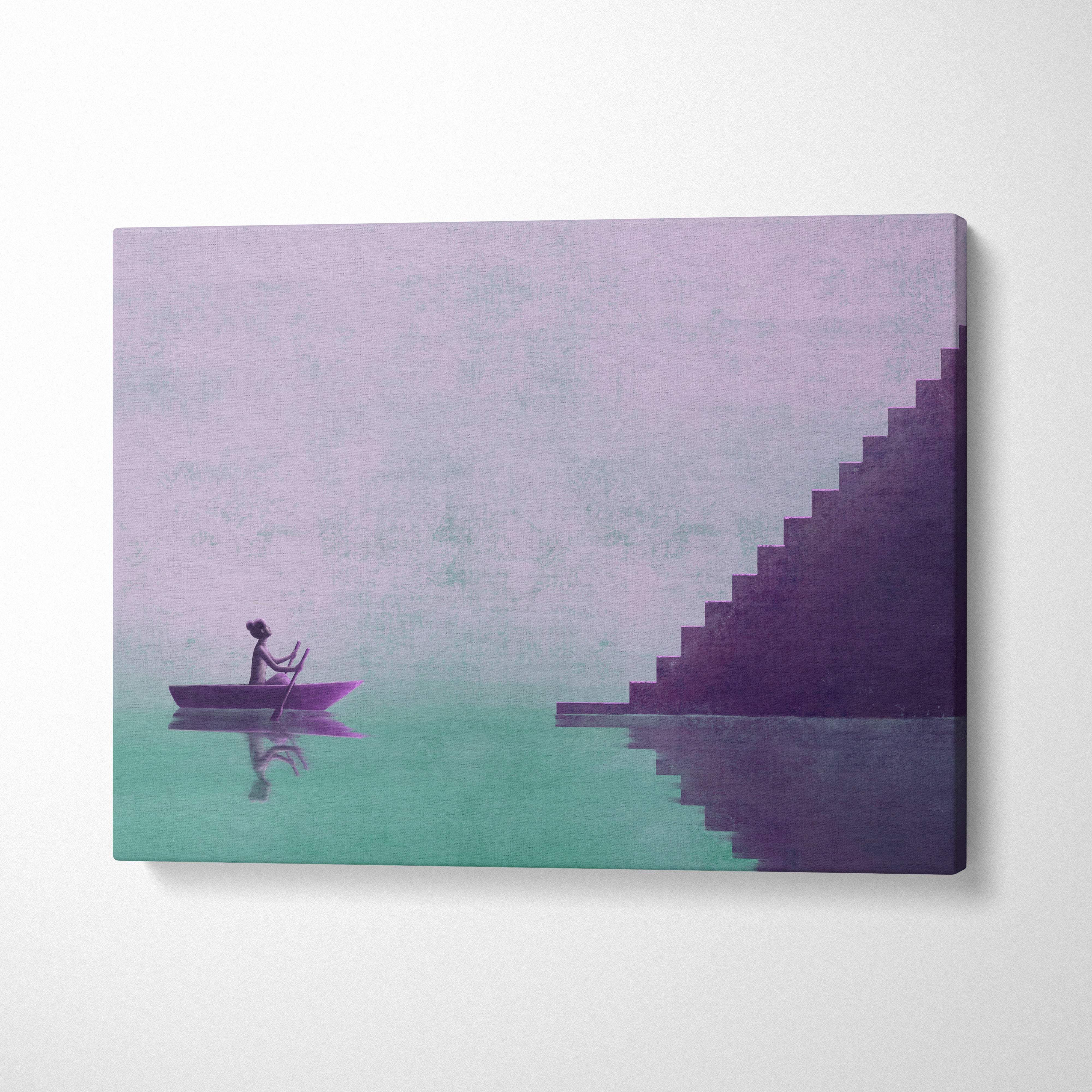 Contemporary purple and teal canvas wall art of a lone figure in a boat beside a staircase in aqua water
