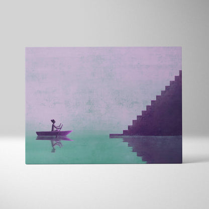 Contemporary purple boat canvas wall art with teal abstract background showing a solitary figure facing stairs from water