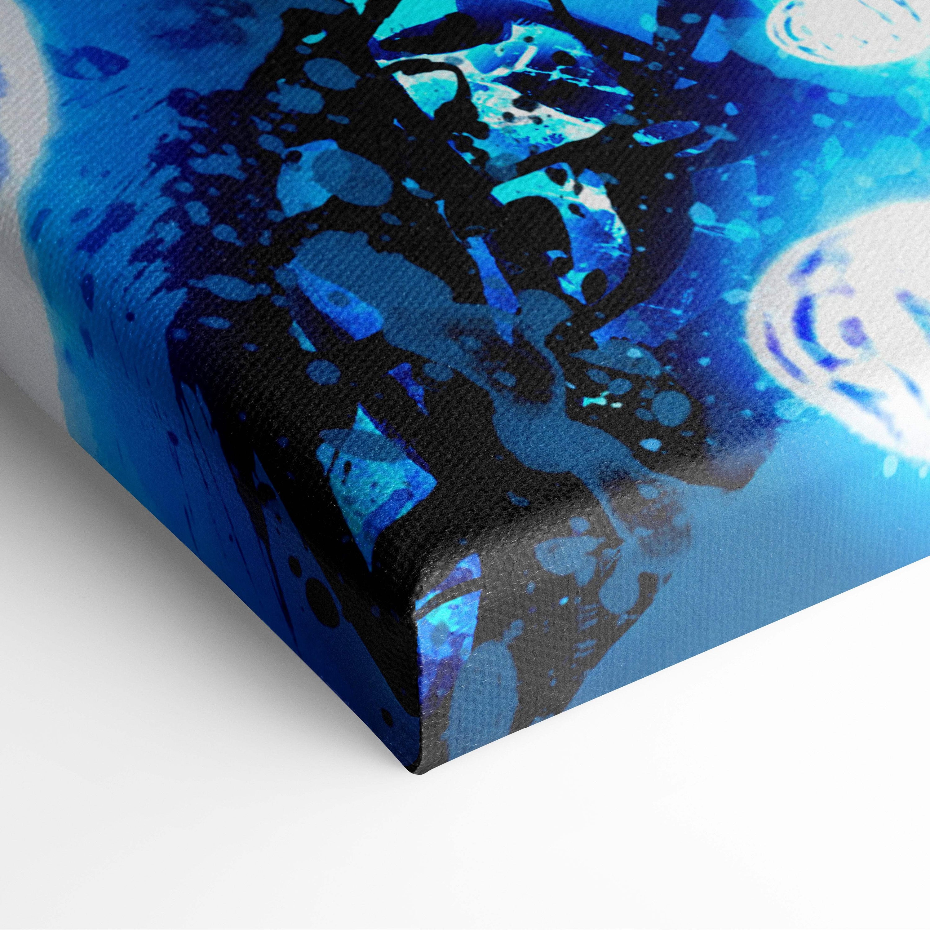 A vibrant blue and black abstract canvas painting with bold color splashes featured in cosmic fairy wall art decor
