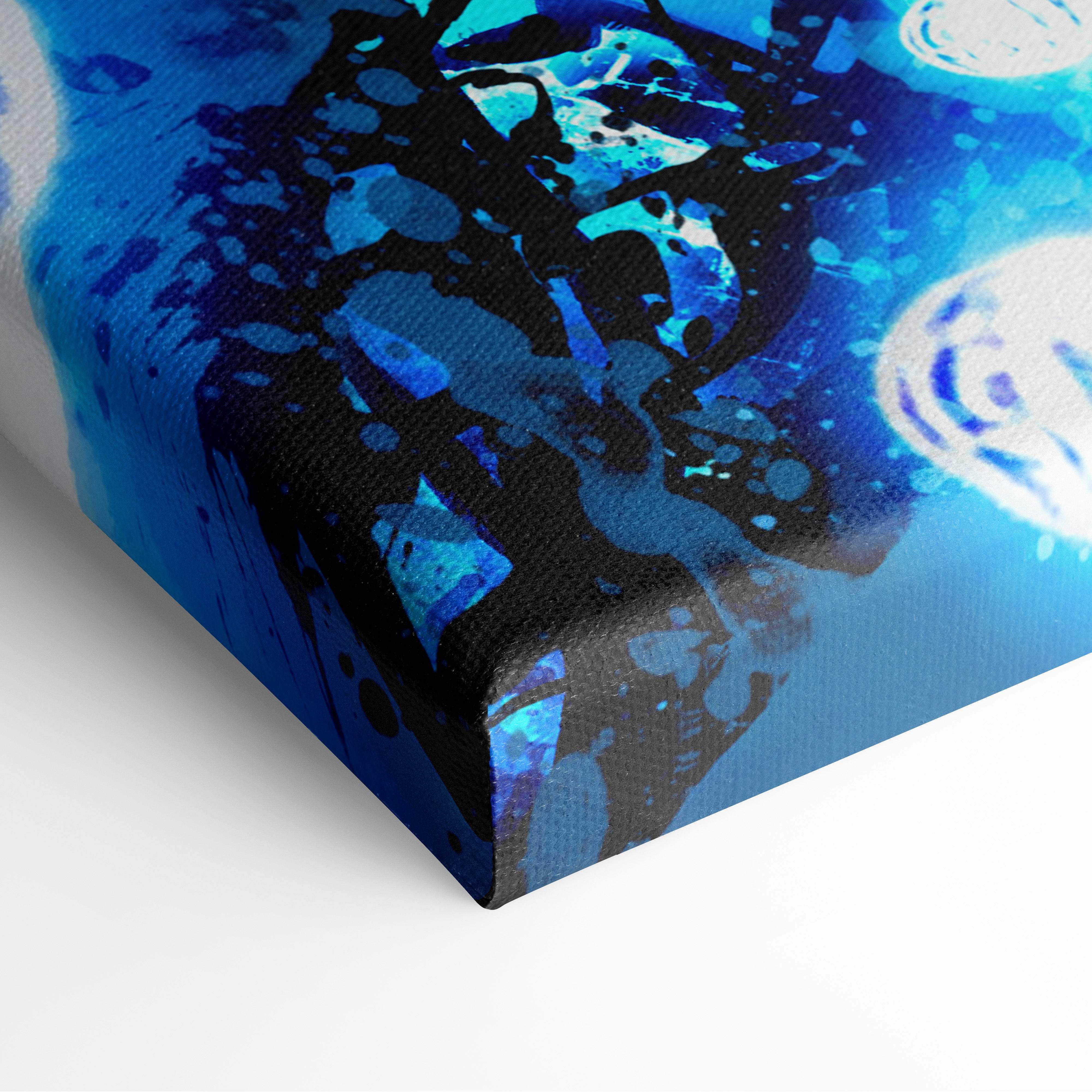 A vibrant blue and black abstract canvas painting with bold color splashes featured in cosmic fairy wall art decor