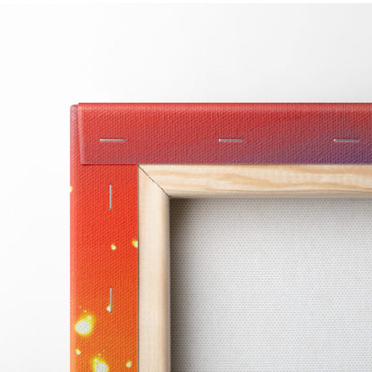 Abstract cosmic fairy canvas wall art with red gradient and subtle yellow speckles in light wood frame for magical decor
