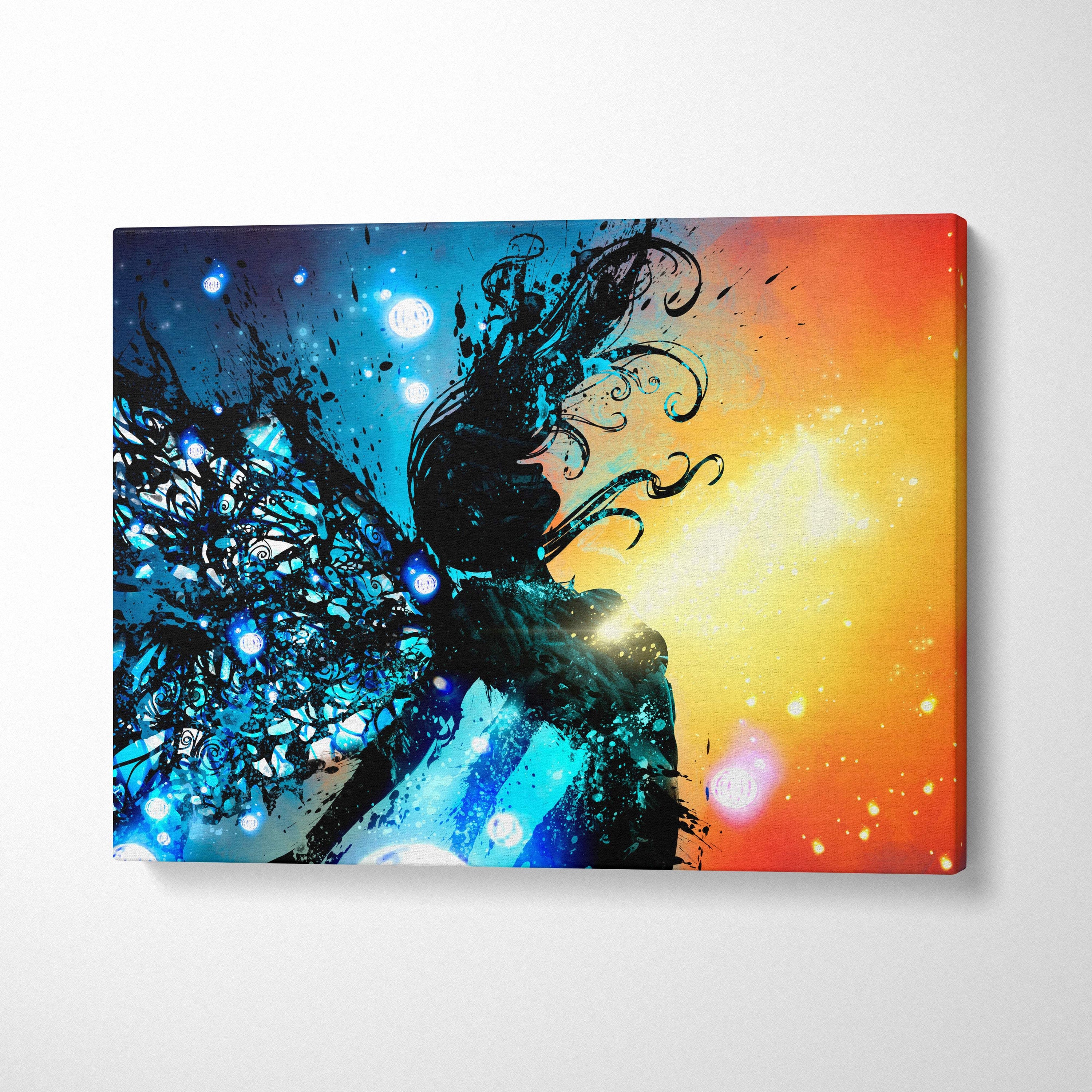 Abstract cosmic fairy canvas wall art featuring a vibrant silhouette with flowing hair on a blue to orange gradient background
