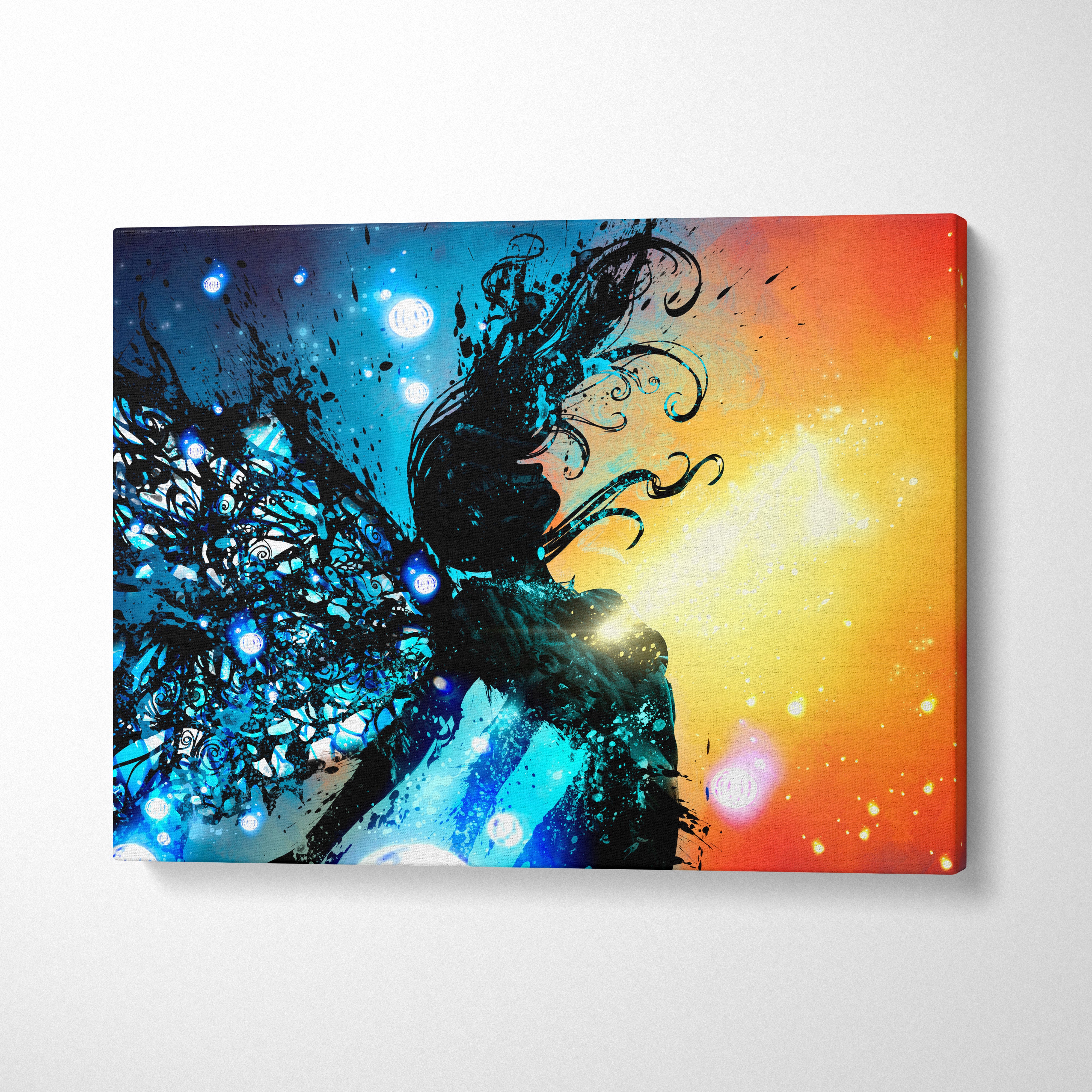 Abstract Cosmic Fairy Canvas Wall Art – Vibrant Blue & Orange Gradient, Glowing Light Orbs, Ethereal Silhouette, Fantasy Ink Splash Illustration, Modern Magical Decor Print