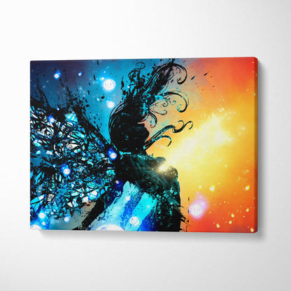 Abstract cosmic fairy canvas wall art featuring a vibrant silhouette with flowing hair on a blue to orange gradient background