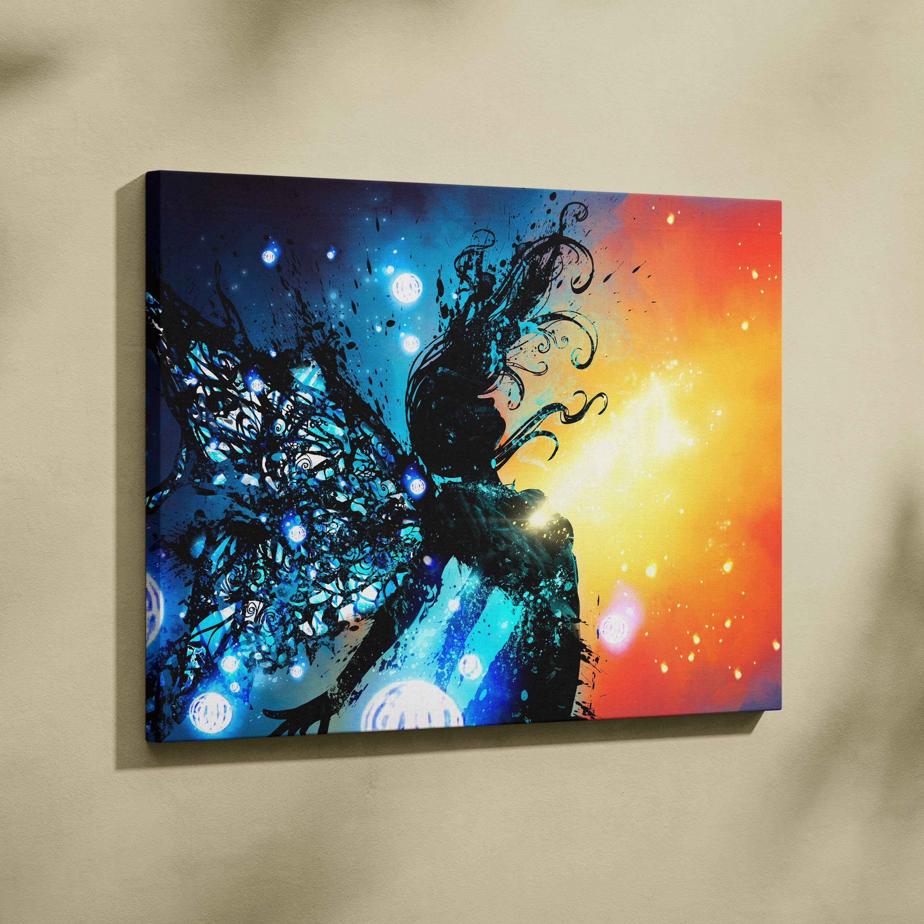 Vibrant canvas print featuring a fairy silhouette with glowing blue wings against a cosmic blue and orange background