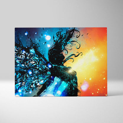 Vibrant abstract cosmic fairy canvas print with ethereal silhouette and flowing hair on blue and orange gradient background