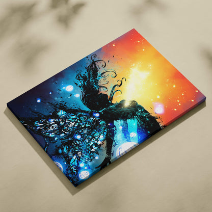 Vibrant abstract cosmic fairy canvas wall art with glowing light orbs silhouette against blue orange gradient sky