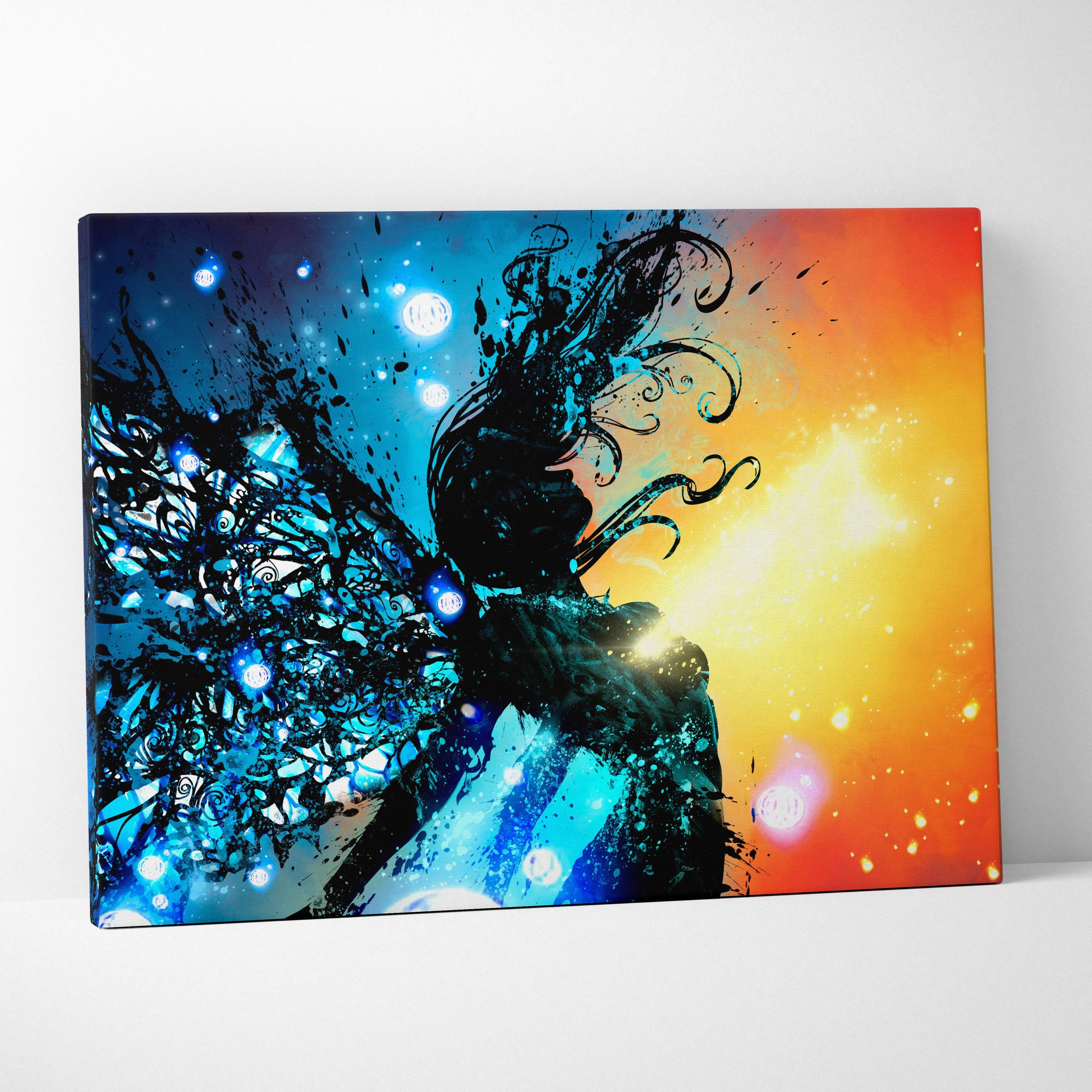A vibrant abstract cosmic fairy canvas print with glowing blue and orange gradient wings on a modern magical decor