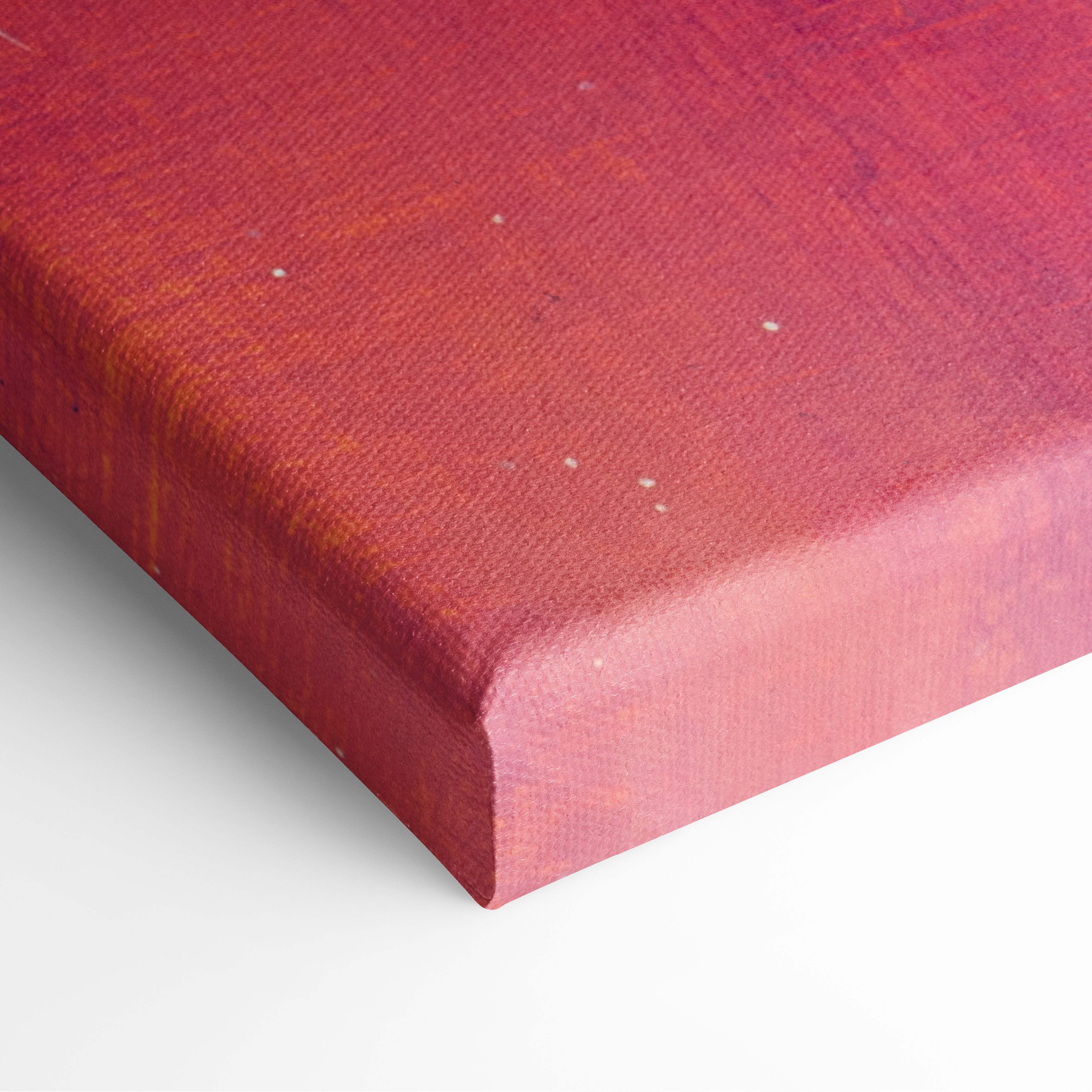 Moon and galaxy abstract painting style wall art on a textured deep red canvas with subtle gradient and visible weave