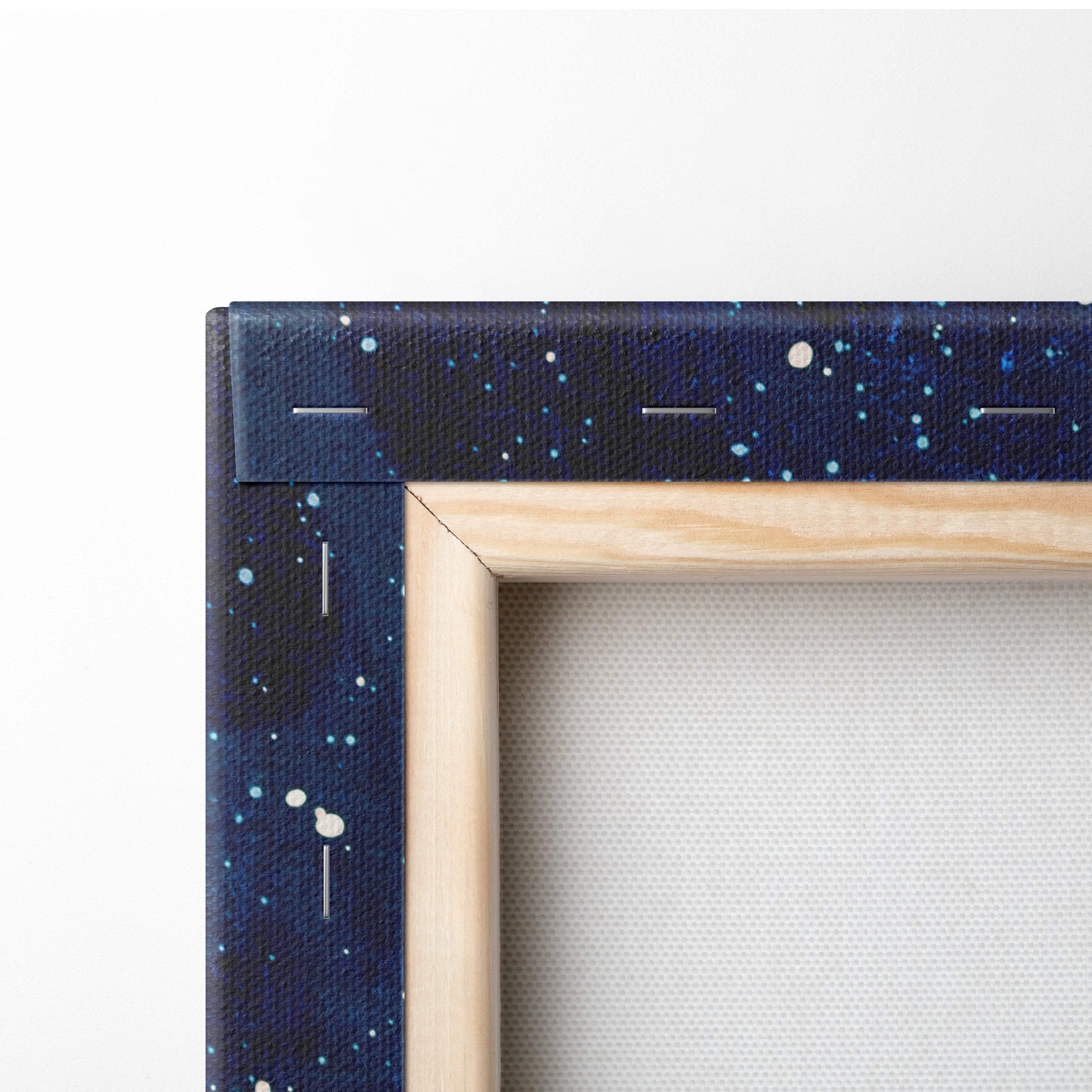 Moon and galaxy abstract painting style wall art with navy blue starry night sky on canvas framed by light wood