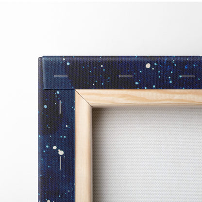 Moon and galaxy abstract painting style wall art with navy blue starry night sky on canvas framed by light wood