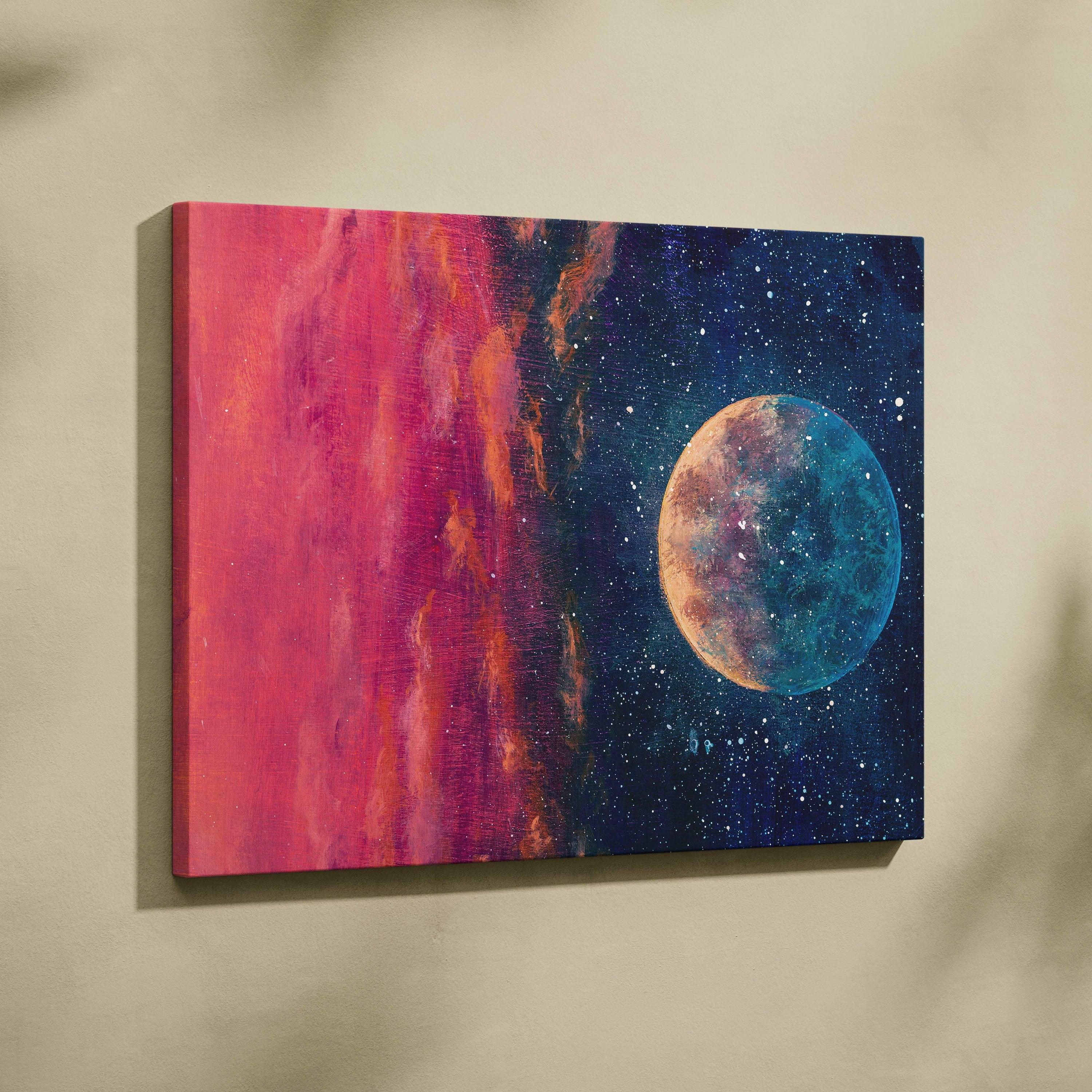 Vibrant moon and galaxy abstract painting style wall art with glowing moon on pink orange and deep blue starry canvas print