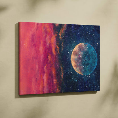 Vibrant moon and galaxy abstract painting style wall art with glowing moon on pink orange and deep blue starry canvas print