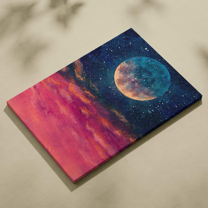 Vibrant moon and galaxy abstract painting style canvas print featuring teal and orange moon with pink magenta clouds