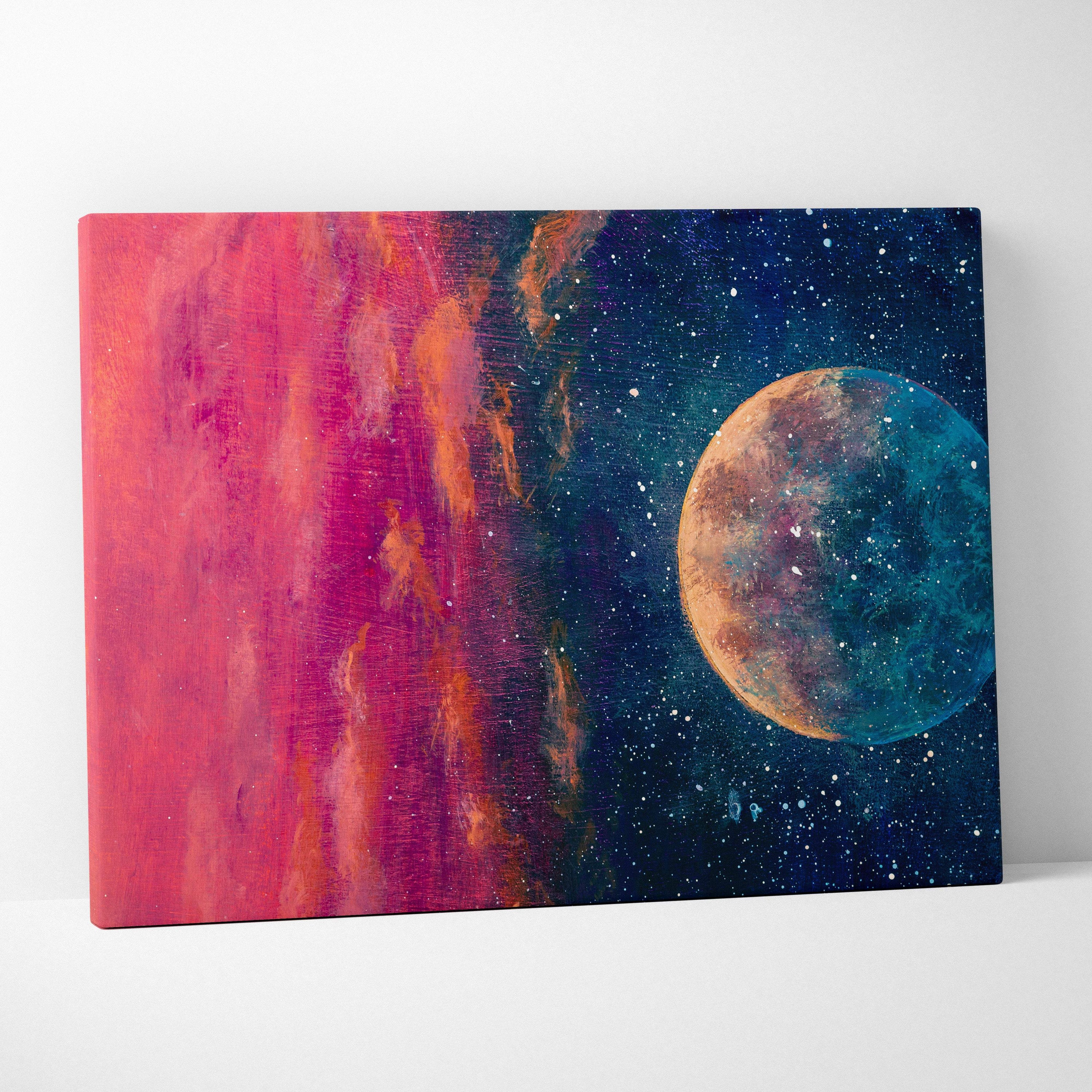 Moon and galaxy abstract painting style wall art featuring a vibrant magenta orange cosmic canvas with a detailed planet