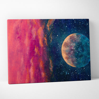 Moon and galaxy abstract painting style wall art featuring a vibrant magenta orange cosmic canvas with a detailed planet