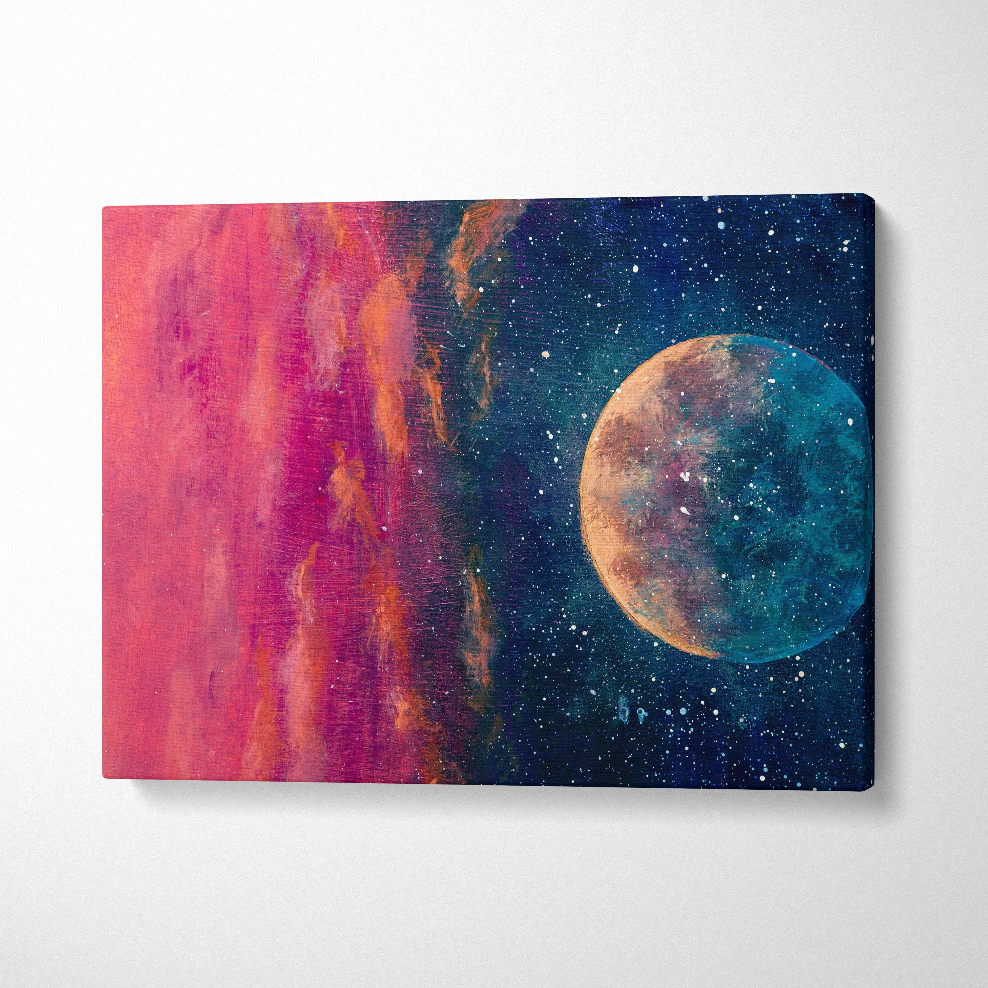 Moon and galaxy abstract painting style wall art with textured gradient sky and teal moon on cosmic night sky canvas print