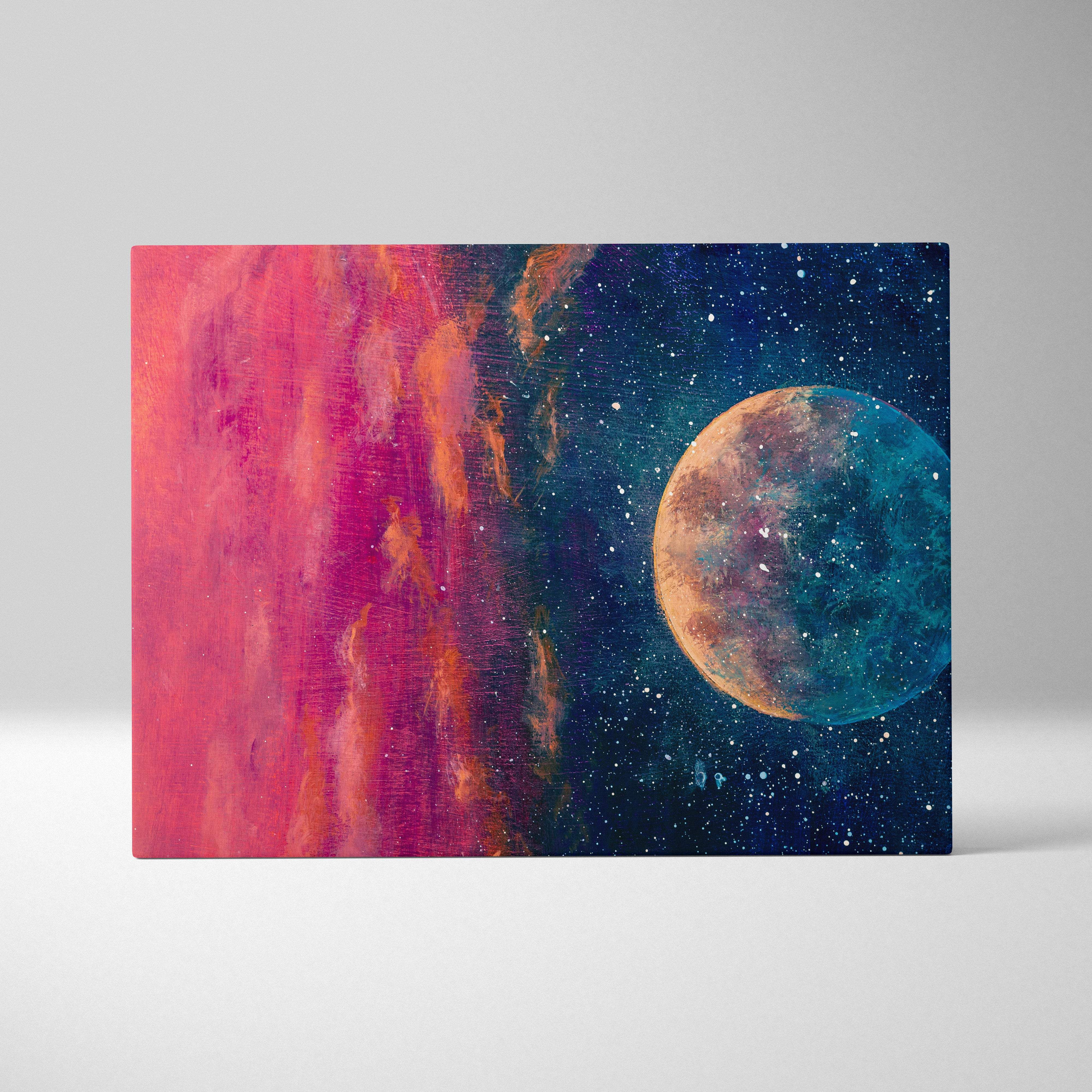 Rectangular canvas print of moon and galaxy abstract painting with vibrant pink orange nebula and teal brown planet