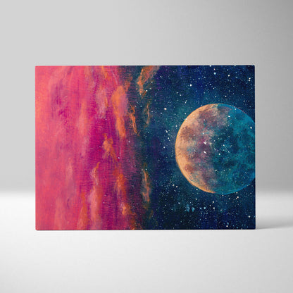Rectangular canvas print of moon and galaxy abstract painting with vibrant pink orange nebula and teal brown planet