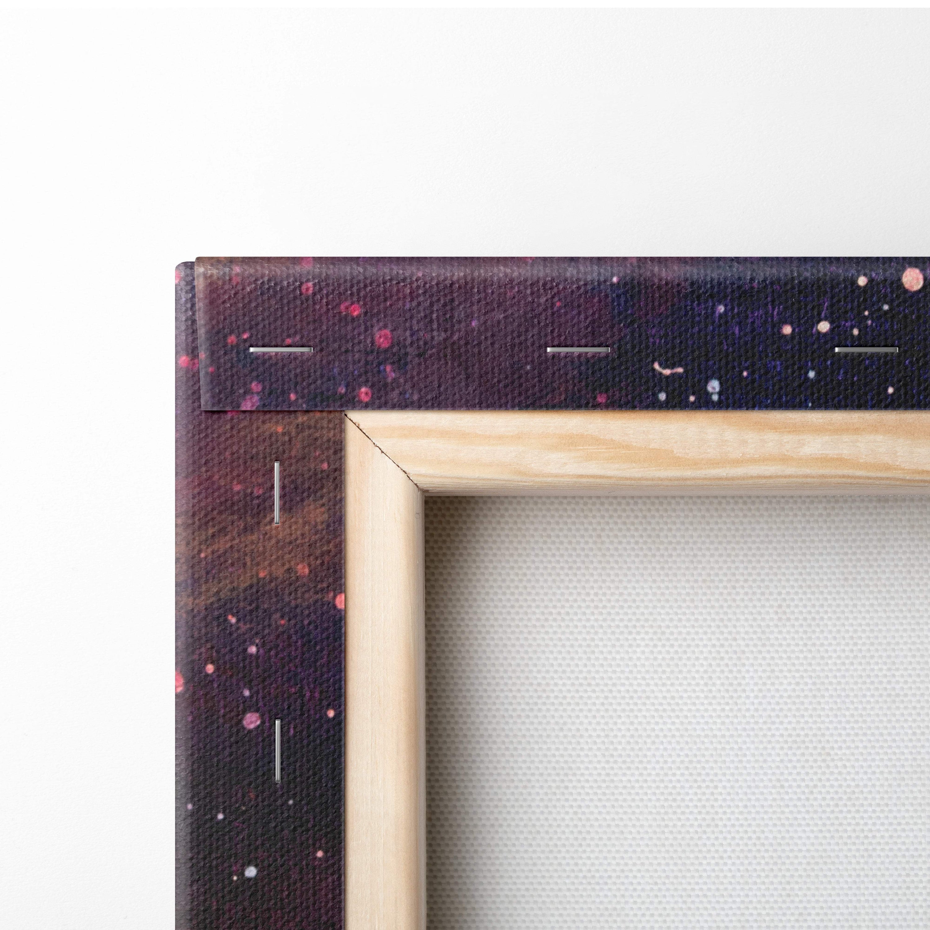 Wooden frame with cosmic galaxy print on canvas border for girl on swing under moon painting style wall art