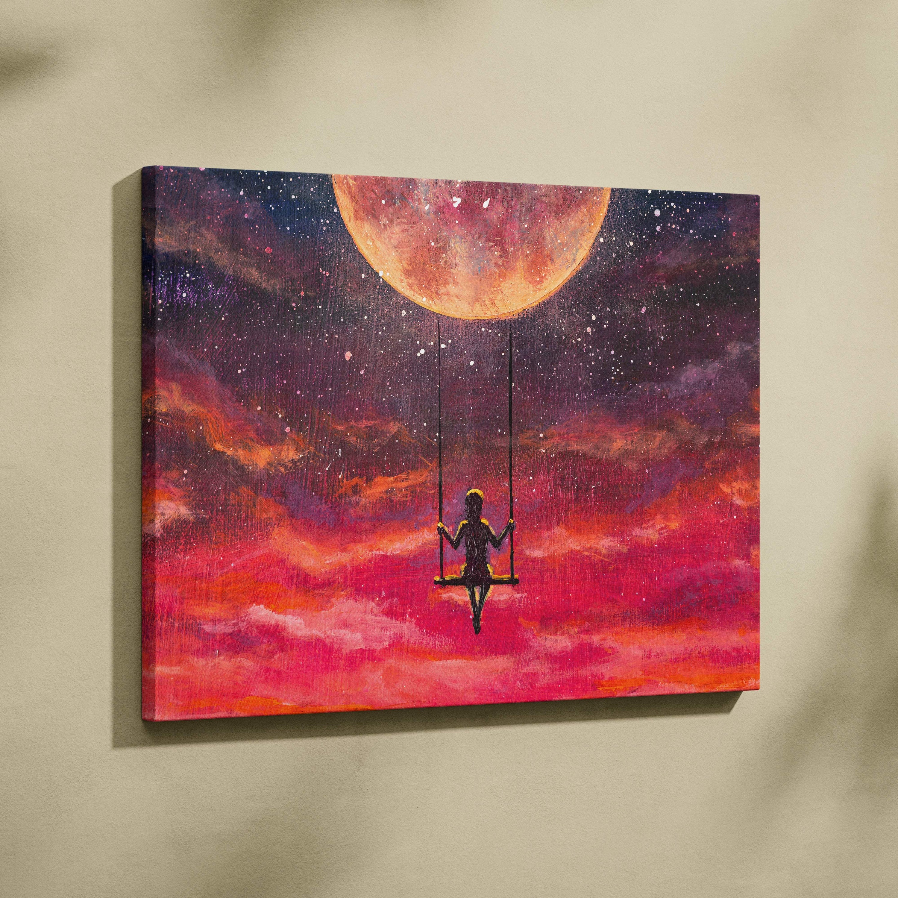Vibrant canvas print of a girl on a swing silhouette under a large orange moon with pink and purple clouds