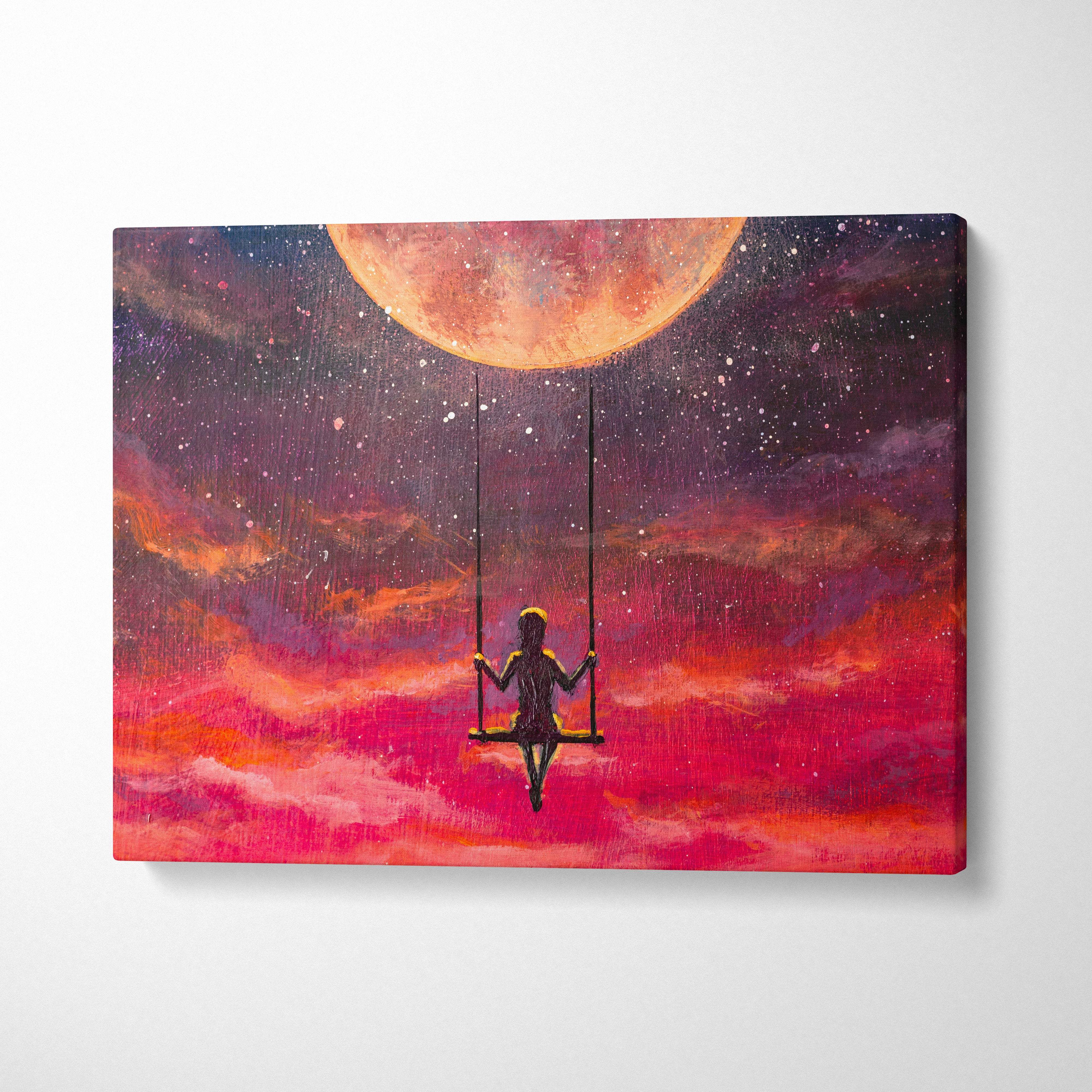 Vibrant canvas print of a girl on a swing silhouette against an orange moon and pink purple starry sky wall art