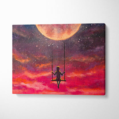 Vibrant canvas print of a girl on a swing silhouette against an orange moon and pink purple starry sky wall art