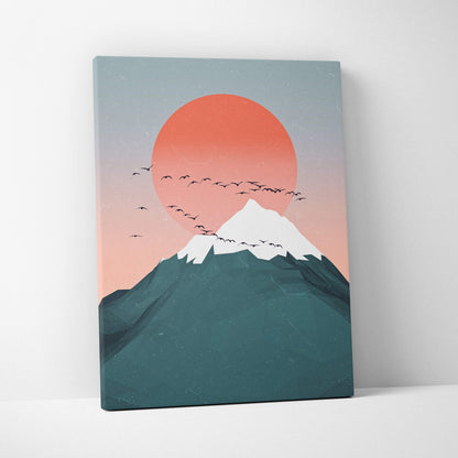 Teal pink mountain sunset canvas wall art with minimalist snow-capped peaks and orange sun for modern boho decor