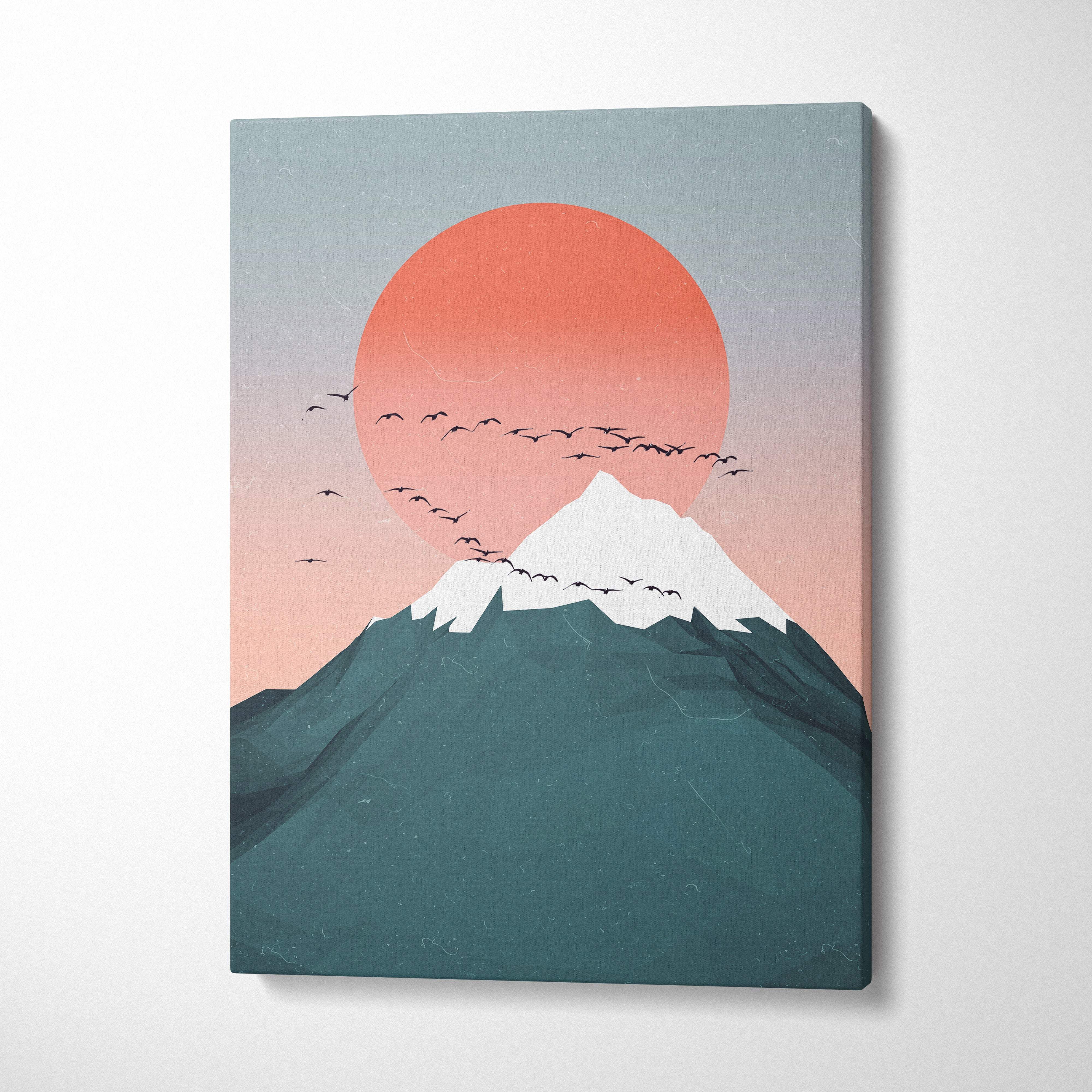 Teal pink mountain sunset canvas wall art with minimalist snow-capped peak, orange sun, and birds for modern boho decor
