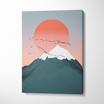 Teal pink mountain sunset canvas wall art with minimalist snow-capped peak, orange sun, and birds for modern boho decor