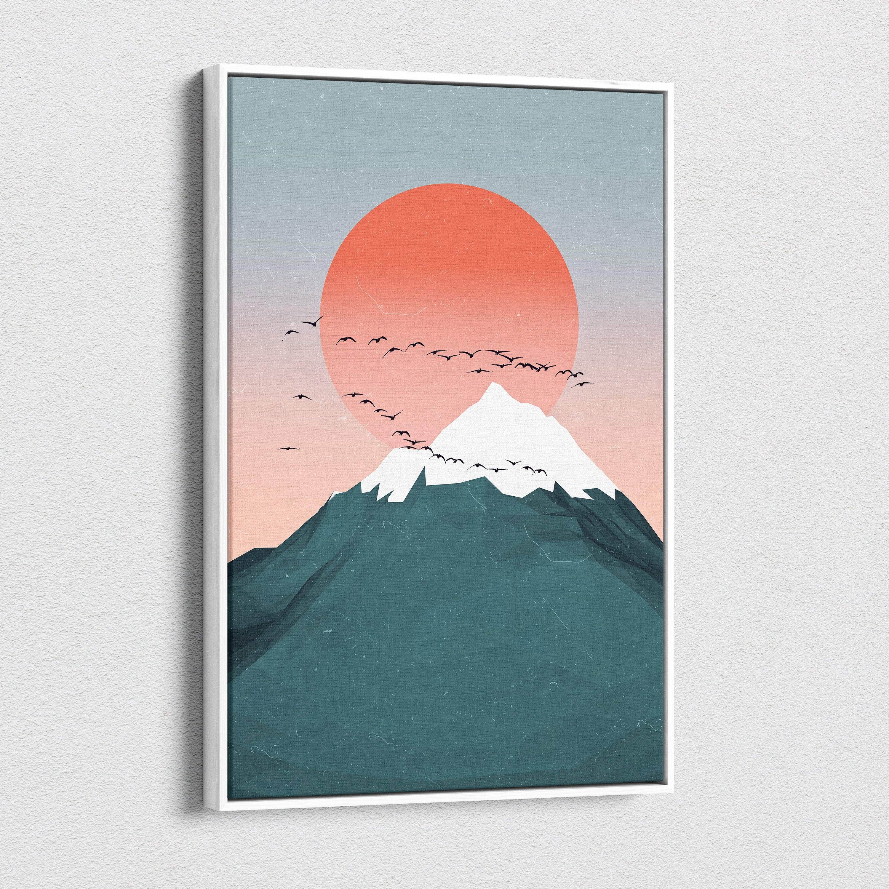 Teal pink mountain sunset canvas art featuring minimalist snow-capped peaks with orange sun and birds for modern decor