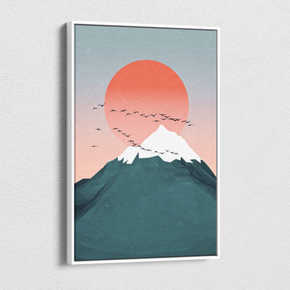 Teal pink mountain sunset canvas art featuring minimalist snow-capped peaks with orange sun and birds for modern decor