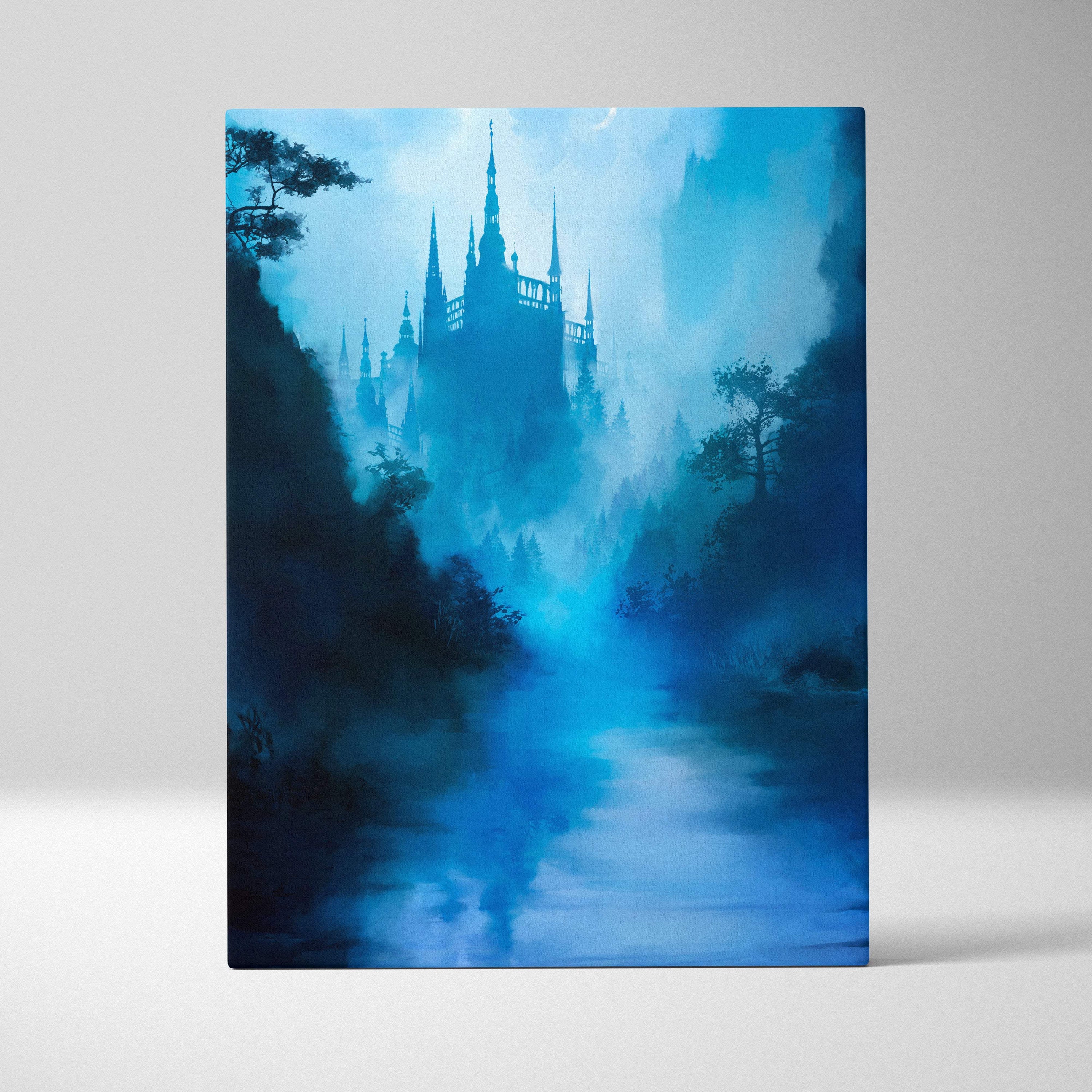 Rectangular canvas print of a misty blue gothic fantasy castle with spires reflected in water and moody forest trees