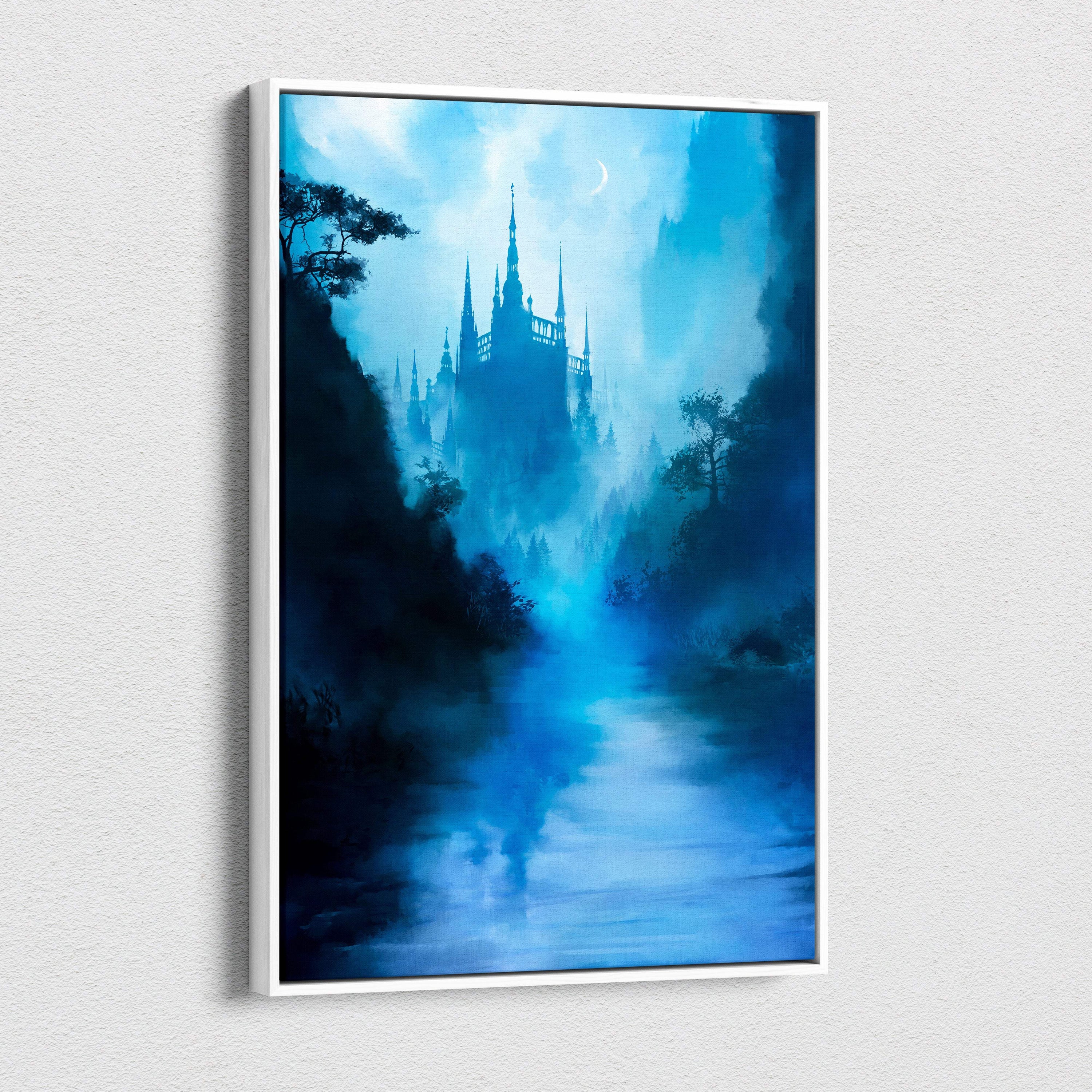 Blue-toned fantasy castle painting in sleek white frame featuring mystical foggy gothic landscape with moonlight reflection