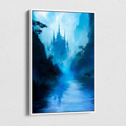 Blue-toned fantasy castle painting in sleek white frame featuring mystical foggy gothic landscape with moonlight reflection