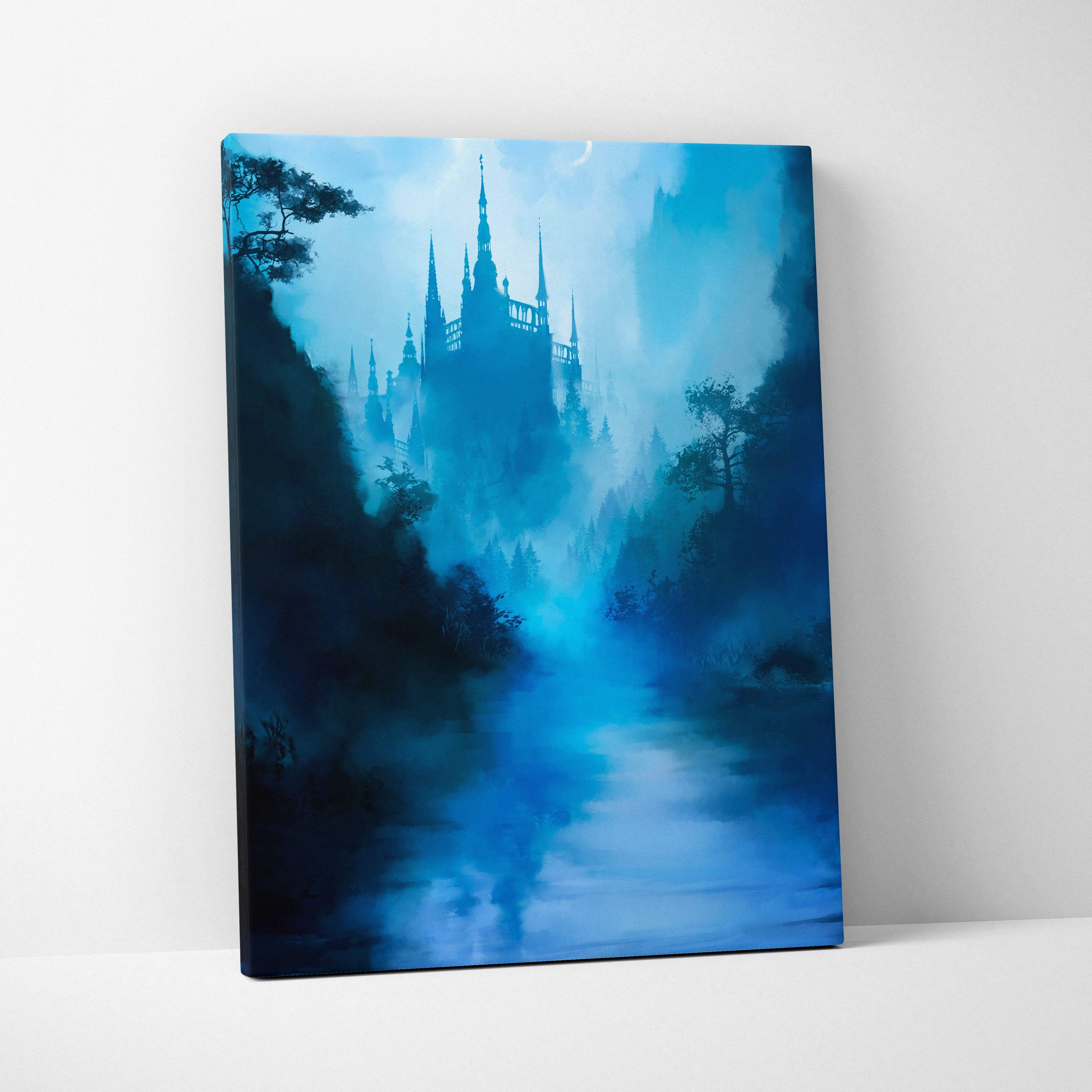 A canvas print of a mystical blue castle in fog with spires over a river framed by dark trees in deep blues and teals