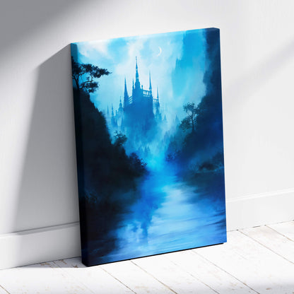 A blue-toned canvas print featuring a misty gothic castle scene with trees and a crescent moon in moonlight fog