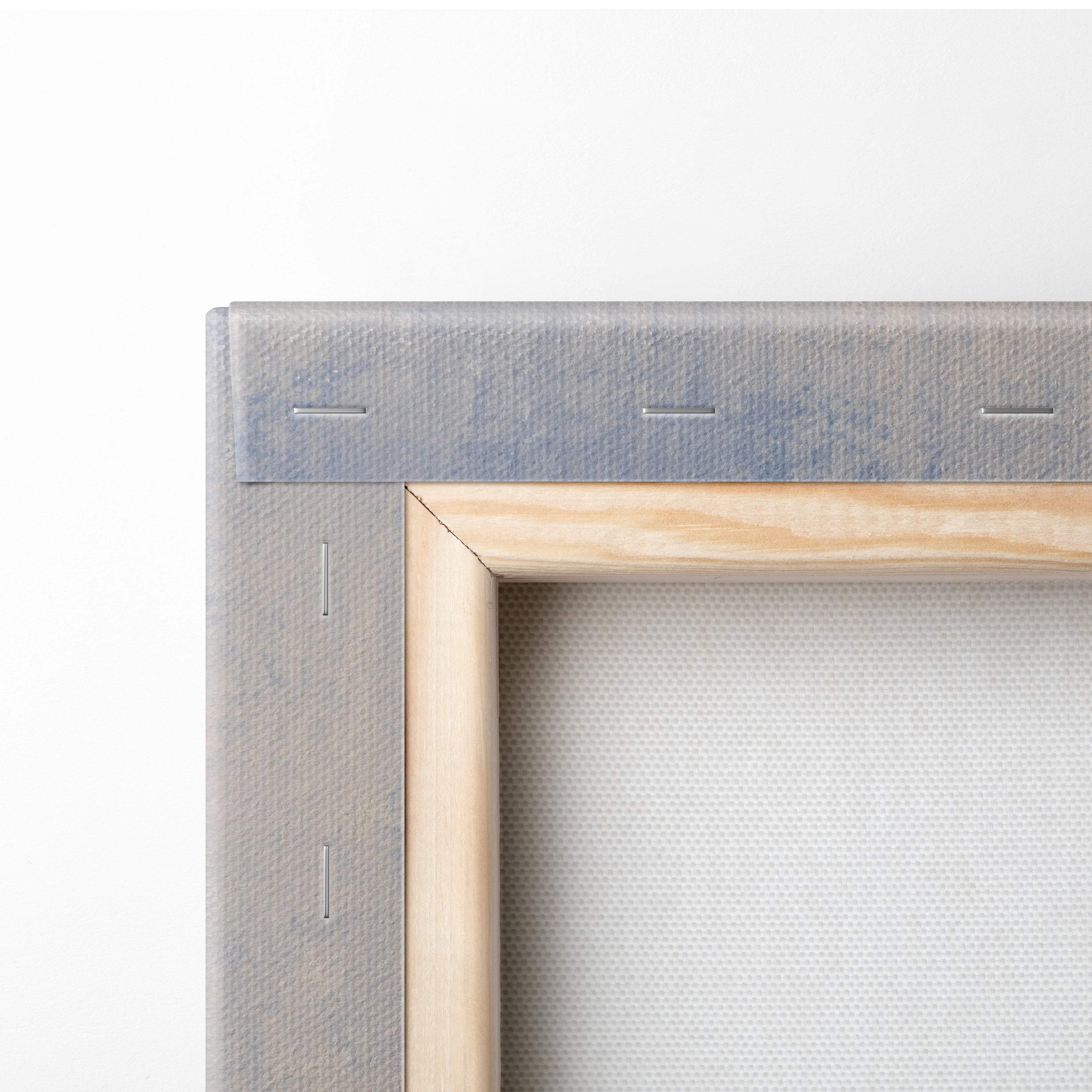 Gray canvas with subtle stitching stretched over light wood frame for contemporary ocean window canvas wall art decor