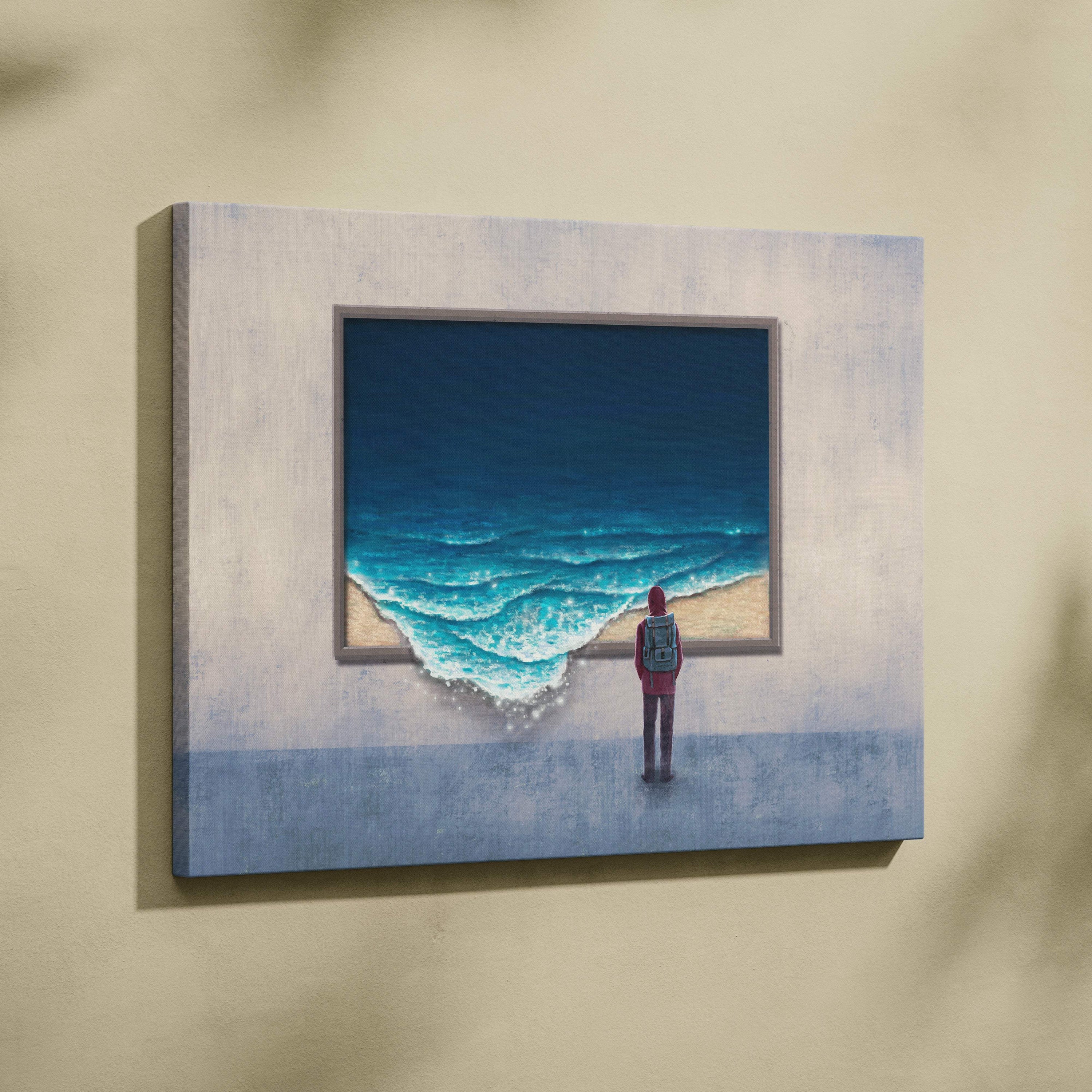 A framed contemporary ocean window canvas wall art featuring a red figure before turquoise waves on textured grayish-blue fabric