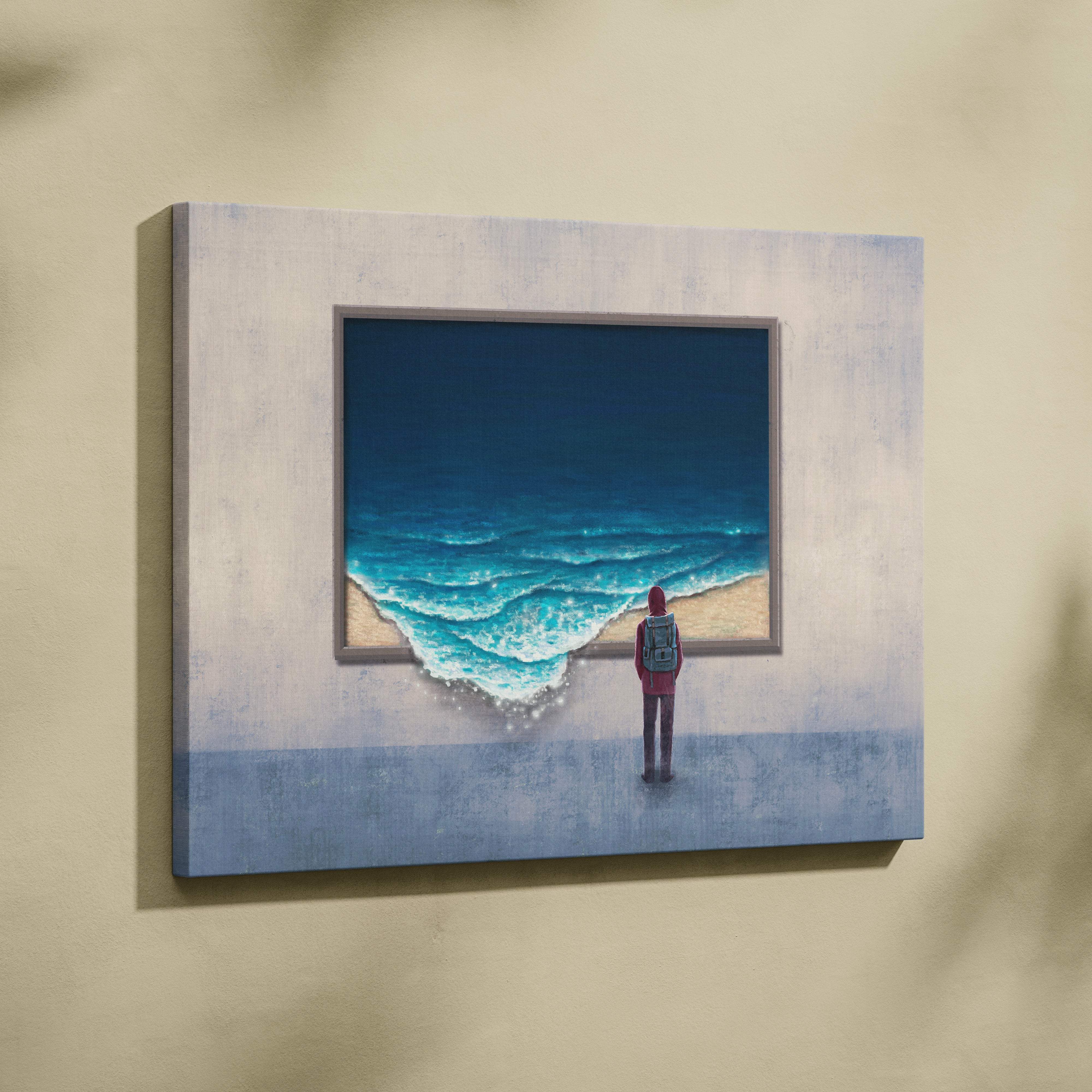 A framed contemporary ocean window canvas wall art featuring a red figure before turquoise waves on textured grayish-blue fabric