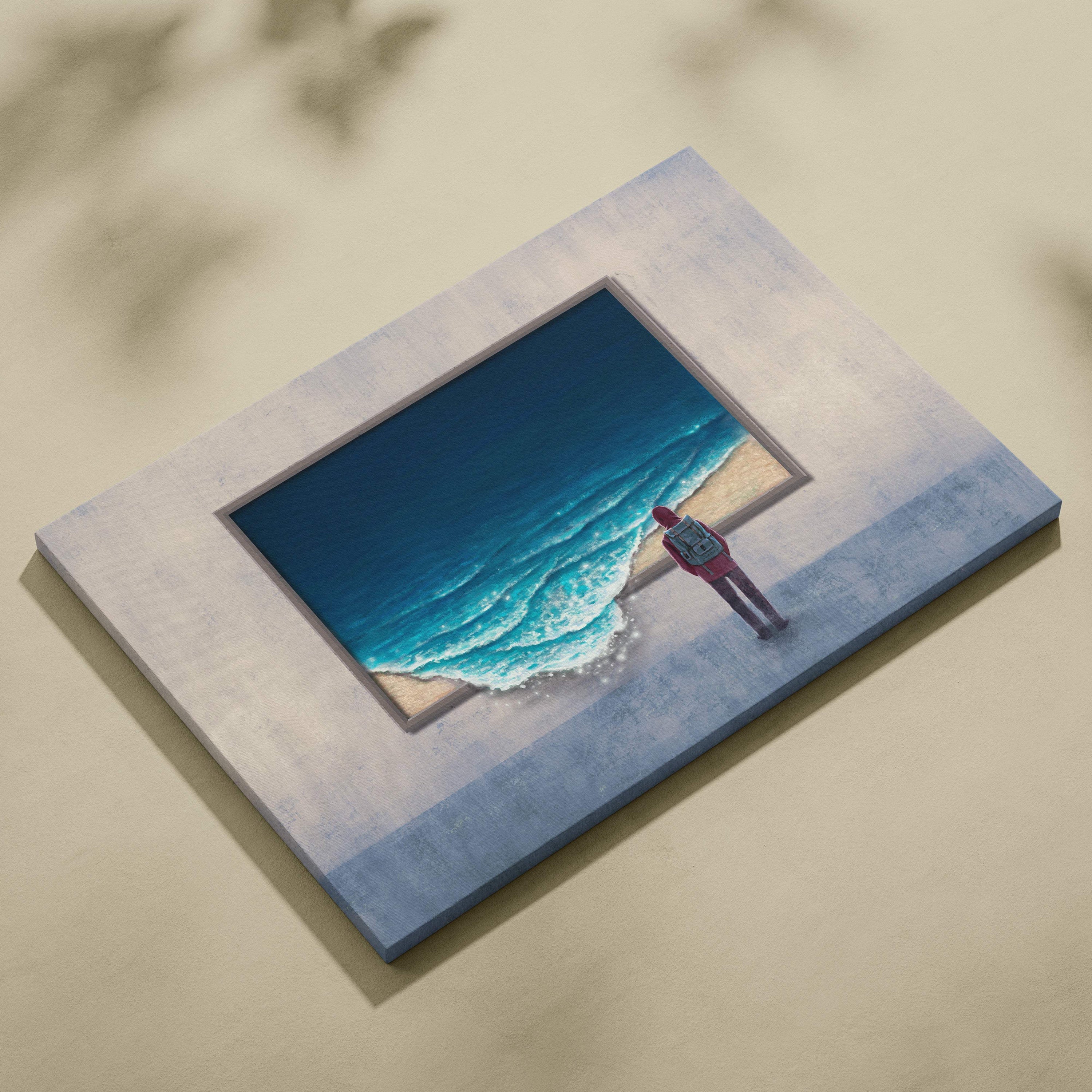 Contemporary ocean window canvas wall art featuring a surreal blue beach with deep waves and a red lone figure on shore