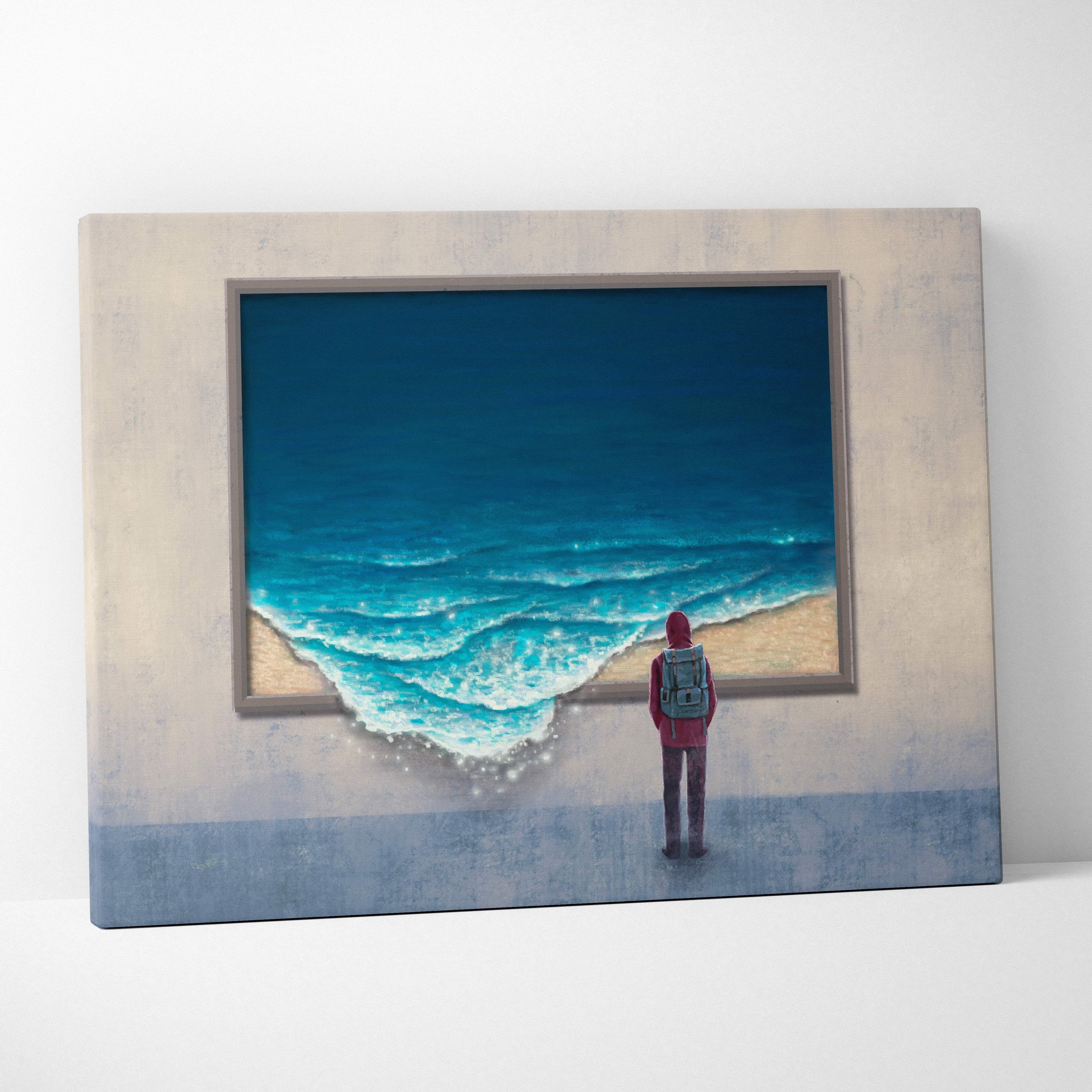 Contemporary ocean window canvas wall art with a surreal red figure by crashing waves framed by textured beige walls